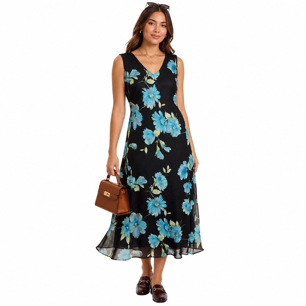 Vtg R&K ORIGINALS Size 10 Black Blue Floral Chiffon Sleeveless V-Neck Midi Dress